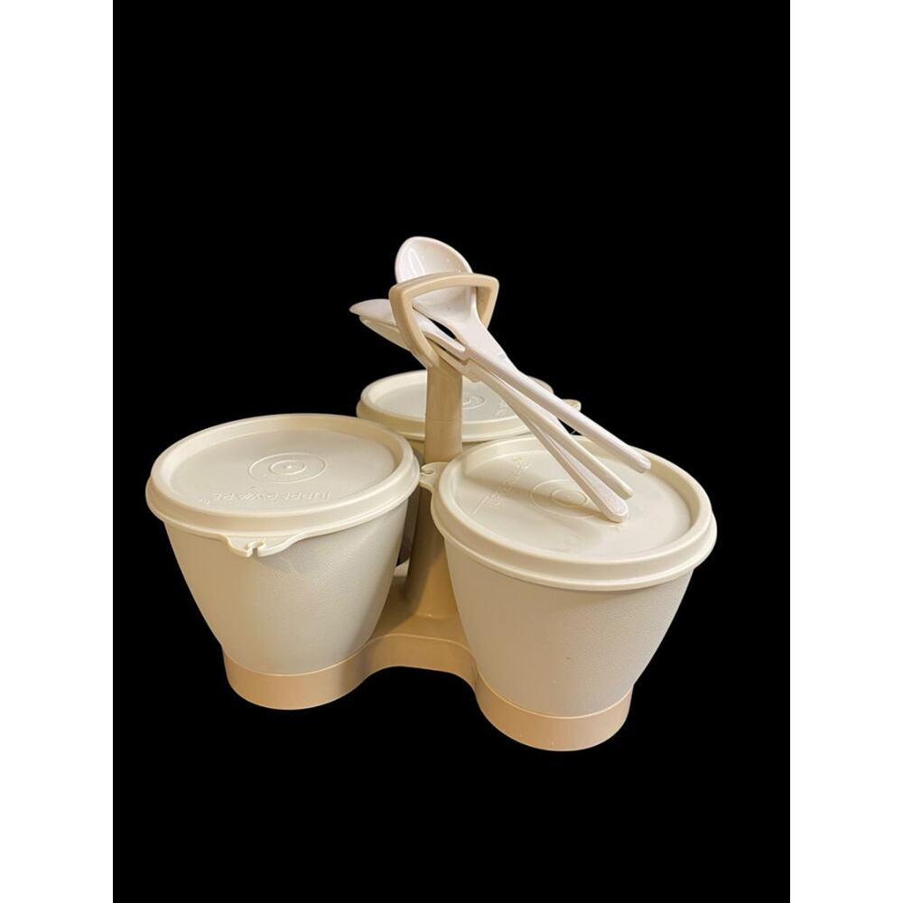 Vintage Tupperware Complete Condiment Caddy Beige Almond with Spoons
